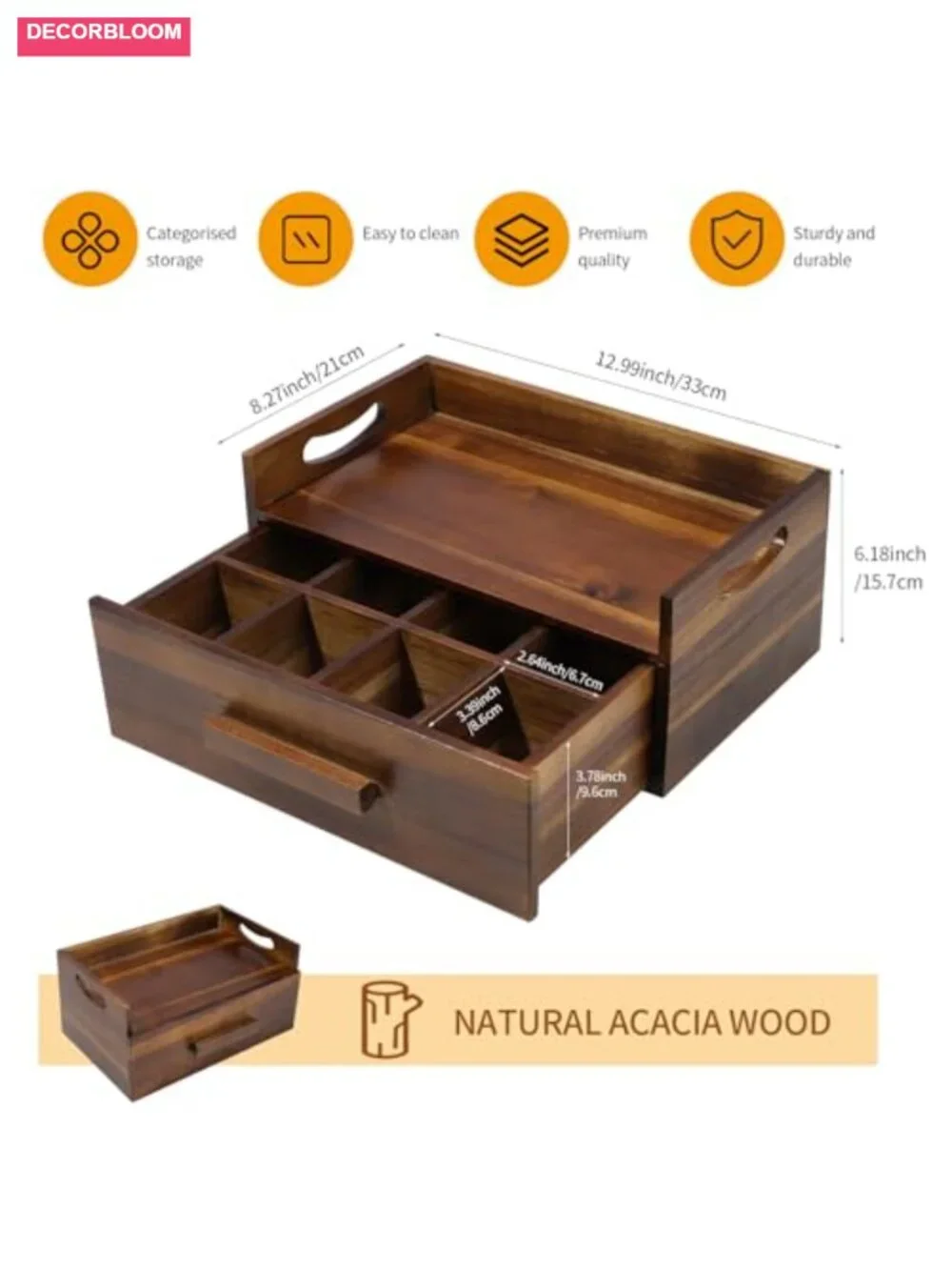 Acacia Wood Tea Bag Organizer Drawer with 12 Compartments, Tea Storage Caddy